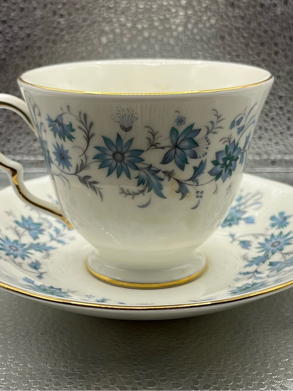Colclough brand Bone China Teacup & Saucer in Blue Floral with Gold Trim E772